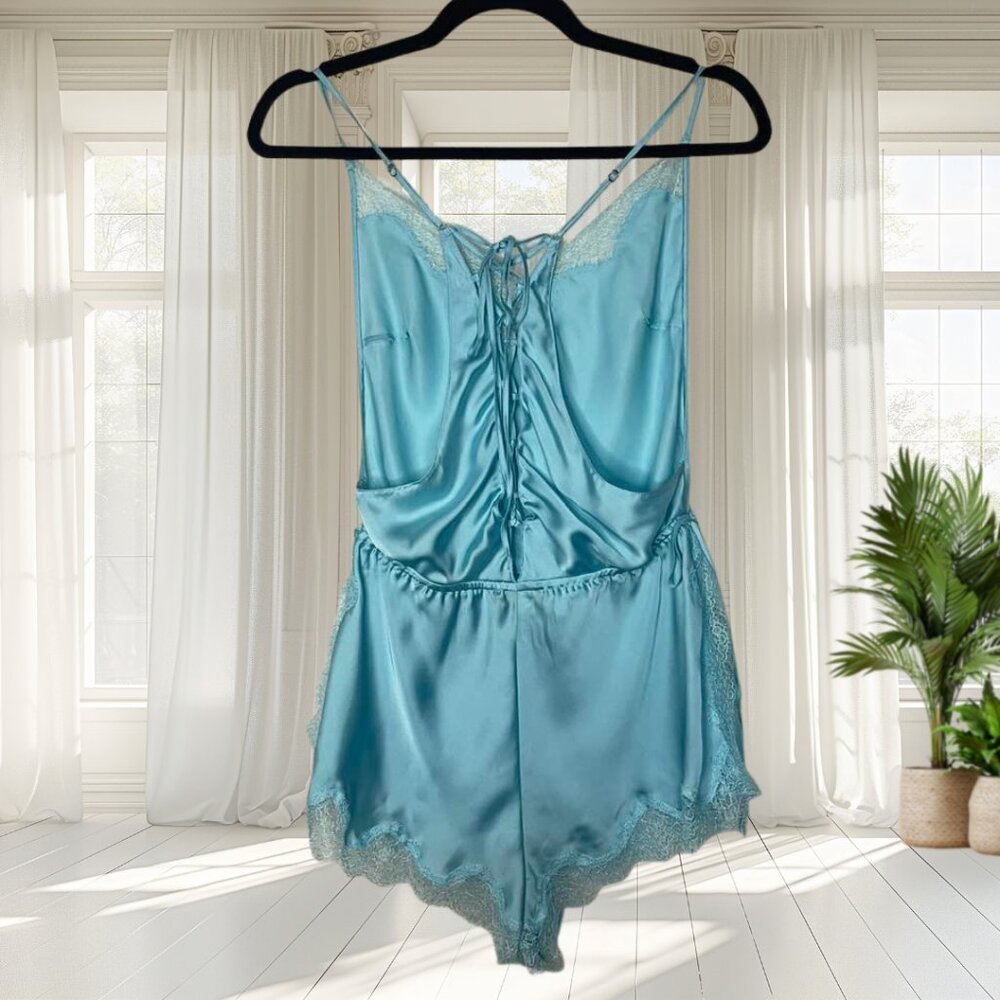 Victoria's Secret Medium Satin Side-Tie Teddy Romper Bodysuit Lace Blue - Picture 3 of 15